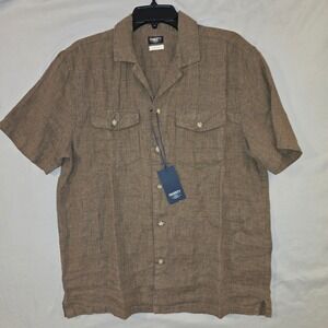 Faherty Reserve Basque Camp Shirt M Mens Dark Oakwood Pincheck Linen MWS2541